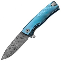 LionSteel ROK Blue Titanium, Chad Nichols Scrambled Damascus Knife (ROK DD BL)