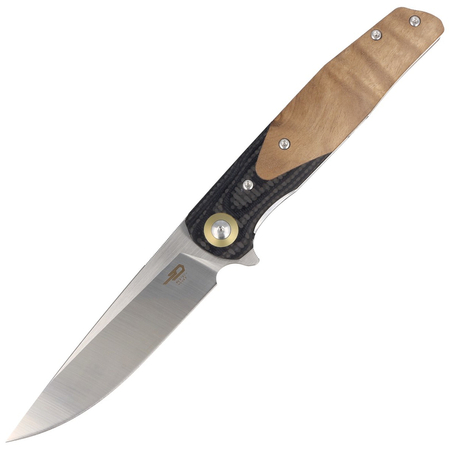 Bestech Ascot Black Carbon Fiber/G10 Lightburl Wood, Satin 14C28N Knife (BG19D)