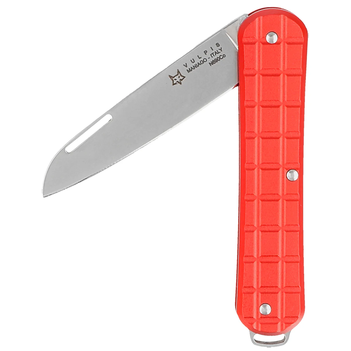 Fox Vulpis Grenade Pattern Red Aluminum Knife, Polished N690Co (FX-VPGP130 RD)