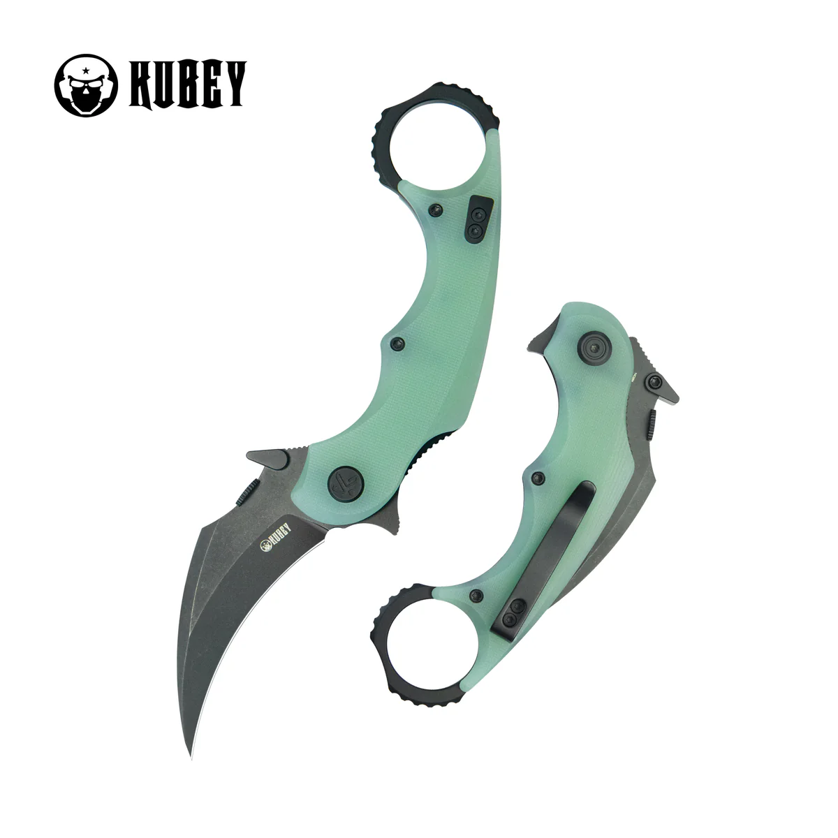 Kubey Rogue Pikal Karambit Knife Jade G10, Blackwashed 14C28N by MUZI Design (KU298E)