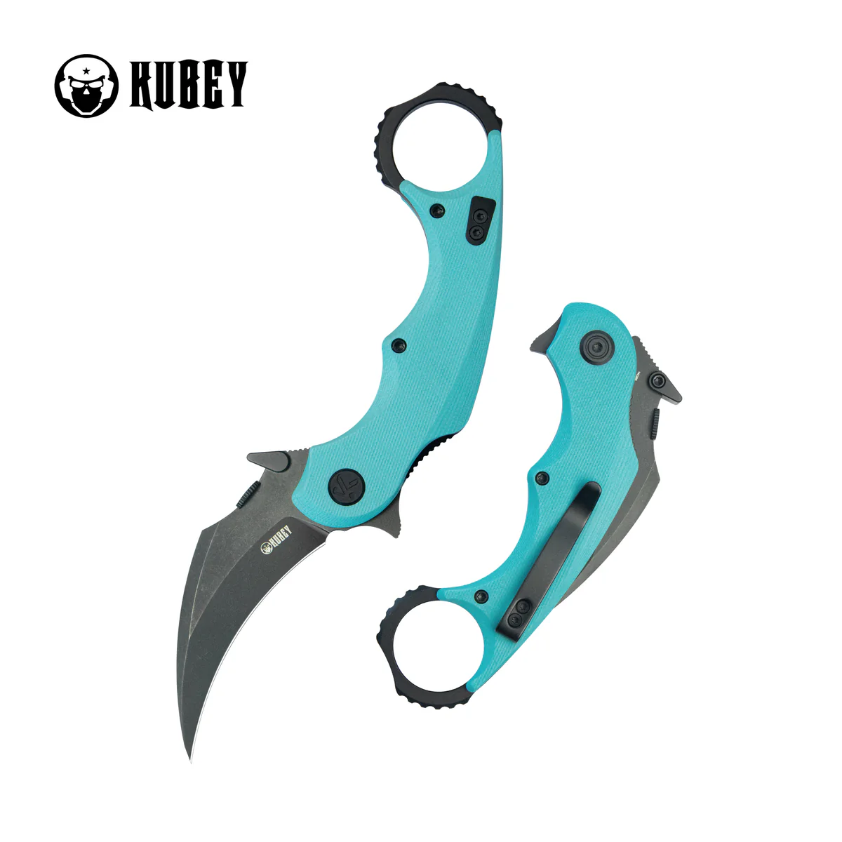 Kubey Rogue Pikal Karambit Knife Light Blue G10, Blackwashed 14C28N by MUZI Design (KU298D)