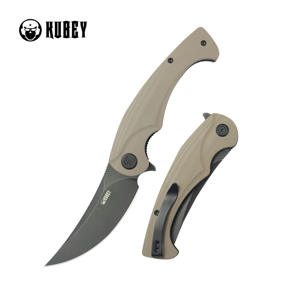 Kubey Scimitar Knife Tan G10, Blackwashed 14C28N (KU173N)