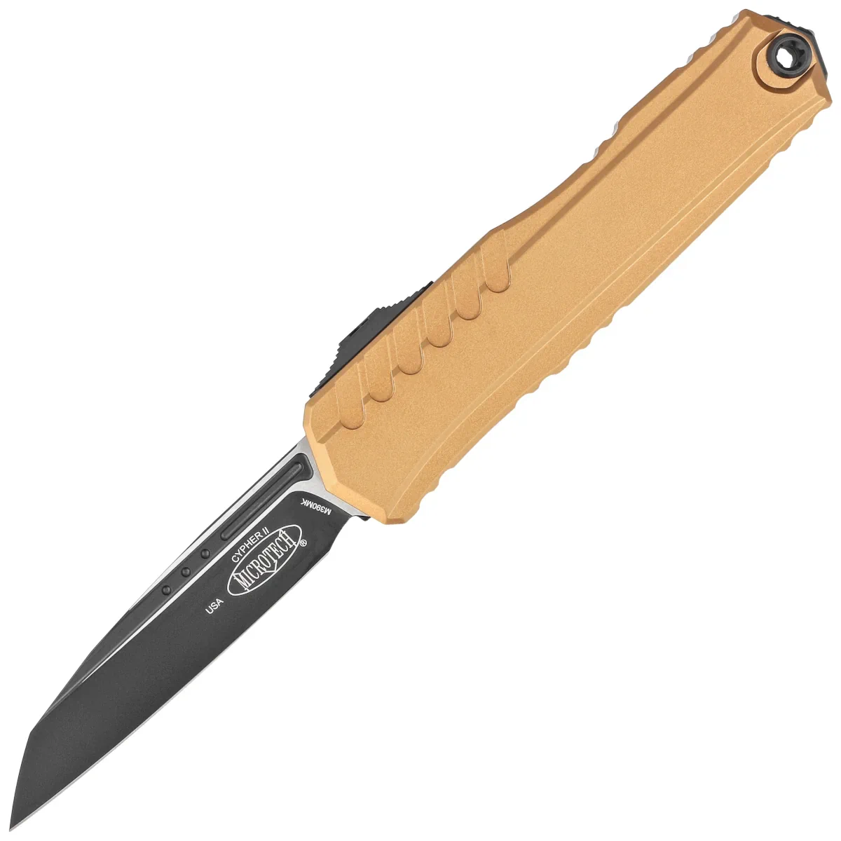 Microtech Cypher II S/E OTF Knife Tan Aluminum, Black M390MK by Deryk Munroe and Tony Marfione (1241-1TA)