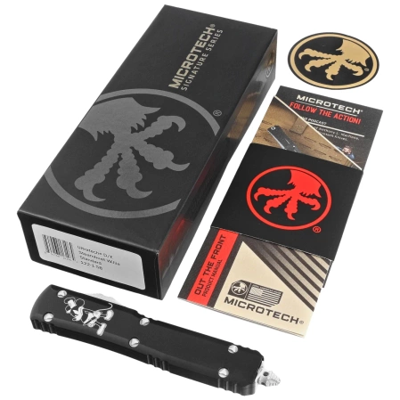 Nóż automatyczny OTF Microtech Ultratech D/E Steamboat Willie Signature Black Aluminium, Antique White M390 by Tony Marfione (122-1SB)