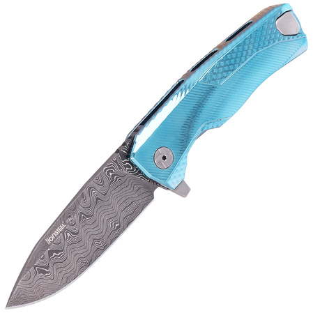 LionSteel ROK Knife Blue Titanium, Chad Nichols Scrambled Damascus (ROK DD BL)