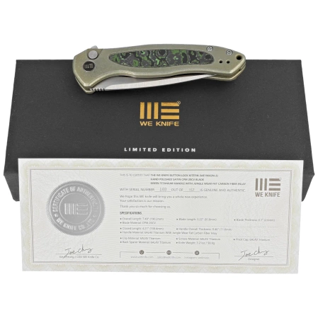 WE Knife Button Lock Kitefin LE No 000/157 Green Titanium/Jungle Wear Fat Carbon, Hand Polished Satin CPM 20CV (WE19002N-2)