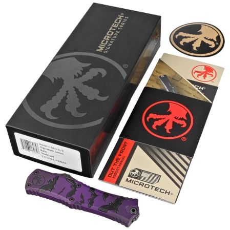 Nóż automatyczny OTF Microtech Hera II Mini D/E Signature Halloween Purple Bats Aluminium, Satin M390MK by Tony and Sean Marfione (1702M-1HWBAS)