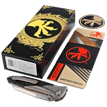 Nóż składany Microtech Socom Bravo Mini Warcom Titanium/Carbon Fiber, Blue HW, Hand Rubbed Satin M390 by Tony Marfione (263M-4CFTI)