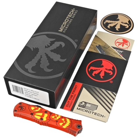 Microtech Hera II Mini D/E Signature Halloween Jack-o'-Lantern Aluminum, Satin M390MK OTF Knife by Tony and Sean Marfione (1702M-1HWJLS)