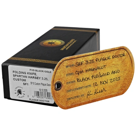 Spartan Blades Harsey 3.25 Folder Plague Doctor Black/Gold Titanium, Stonewashed MagnaCut by William W. Harsey (SF10DOCTOR BK)