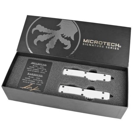 Microtech Ultratech Storm Trooper Hellhound/Warhound OTF Knives Set Signature White Aluminum, White M390 by Tony Marfione (119-1SETSTDS)