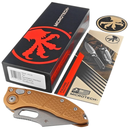 Microtech Stitch-A S/E Automatic Knives Tan Aluminum, Apocalyptic M390 by Borka Blades and Tony Marfione (169-10APTA)