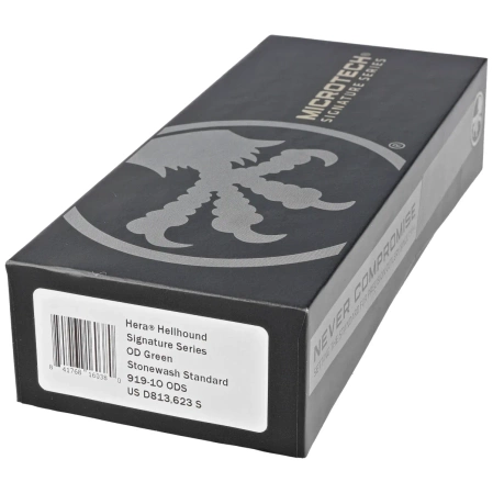 Microtech Hera Hellhound T/E Signature OD Green Aluminum, Stonewashed M390 by Tony and Sean Marfione