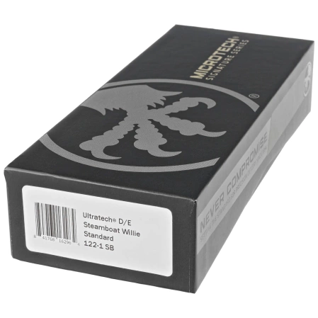 Microtech Ultratech D/E Steamboat Willie Signature OTF Knife Black Aluminum, Antique White M390 by Tony Marfione (122-1SB)