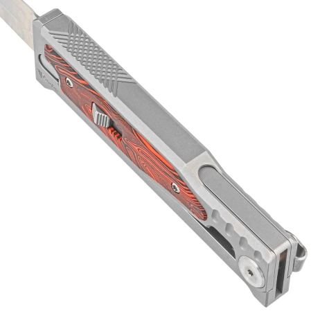 Nóż grawitacyjny Reate EXO-M OTF Gravity D/E Bead Blasted Titanium/Damascus Red-Black G10, Satin Elmax