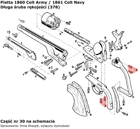 Długa śruba rękojeści 1851 Colt Navy, 1860 Colt Army, 1861 Navy, 1858 Remington (378)