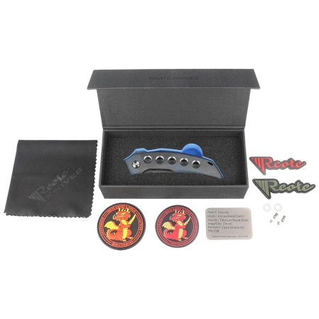 Reate Velocity Blue Titanium Knife, Belt Satin Elmax by Tashi Bharucha