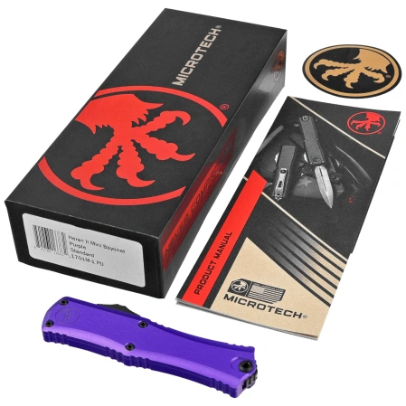 Microtech Hera II Mini Bayonet Purple Aluminum, Black M390MK by Tony Marfione (1701M-1PU)