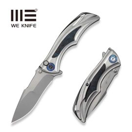 WeKnife Tighe Down Drop Point Gray Titanium / Black/Blue Carbon Fiber, Stonewashed M390 by Brian Tighe (WE24054-1)