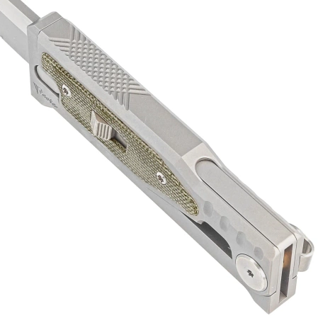 Nóż grawitacyjny Reate Mini EXO OTF Gravity T/E Bead Blasted Titanium/Green Micarta, Stonewashed CPM 3V