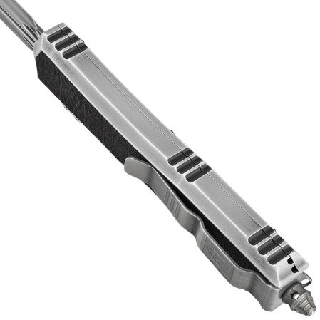 Microtech Makora D/E Signature OTF Knife Silver Distressed Aluminium/Leather, Black Stonewashed M390 by Tony Marfione (206-1MD)