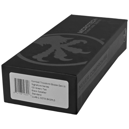 Microtech Combat Troodon Gen III Bowie Signature OTF Knife OD Green/Tan W/Black Splatter Aluminum, OD Green/Tan W/Black Splatter M390MK by Tony Marfione (1146-1ODTA BKSPLS)
