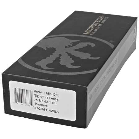 Microtech Hera II Mini D/E Signature Halloween Jack-o'-Lantern Aluminum, Satin M390MK OTF Knife by Tony and Sean Marfione (1702M-1HWJLS)