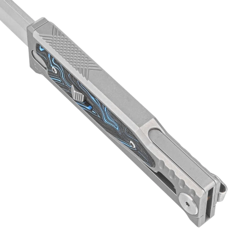 Nóż grawitacyjny Reate EXO-M OTF Gravity Drop Point Bead Blasted Titanium/Damascus Blue-Black G10, Satin Elmax