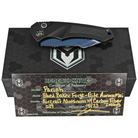 Nóż automatyczny Heretic Pariah-A Custom DLC Aluminium / Carbon Fiber Inlays, Blued Baker Forge AuroraMai Damascus by Tony Marfione Jr.