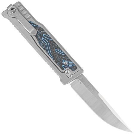 Reate EXO-M Gravity Drop Point Knife Bead Blasted Titanium/Damascus Blue-Black G10, Satin Elmax