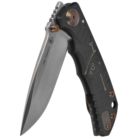 Spartan Blades Harsey Folder ''Plague Doctor'' Black/Gold Titanium, Satin MagnaCut by William W. Harsey (SF5DOCTOR BK)