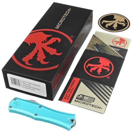 Microtech Hera II Mini Bayonet OTF Knife Turquoise Aluminum, Stonewashed M390MK by Tony and Sean Marfione (1701M-10TQ)