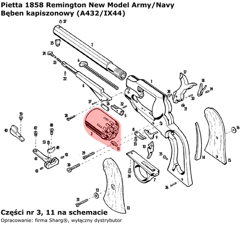 Spare Cylinder for Pietta 1858 Remington Army / Navy Stainless .44 (A432/IX44)