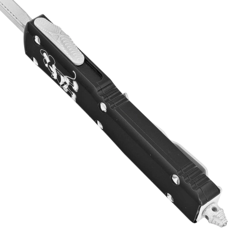 Microtech Ultratech D/E Steamboat Willie Signature OTF Knife Black Aluminum, Antique White M390 by Tony Marfione (122-1SB)