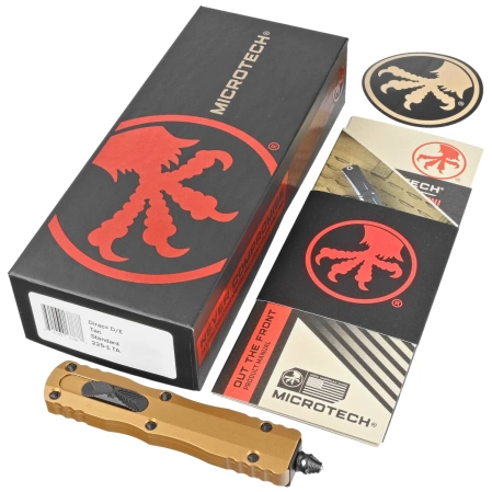 Microtech Dirac D/E OTF Knife Tan Aluminum, Black M390 by Tony Marfione (225-1TA)