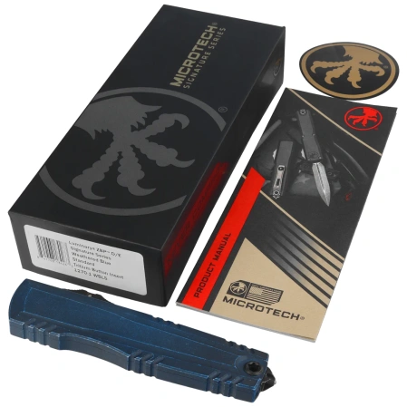 Microtech Luminary ZBP D/E Signature OTF Knife Weathered Blue Aluminum, Weathered Blue M390MK by Tony Marfione (1270-1WBLS)