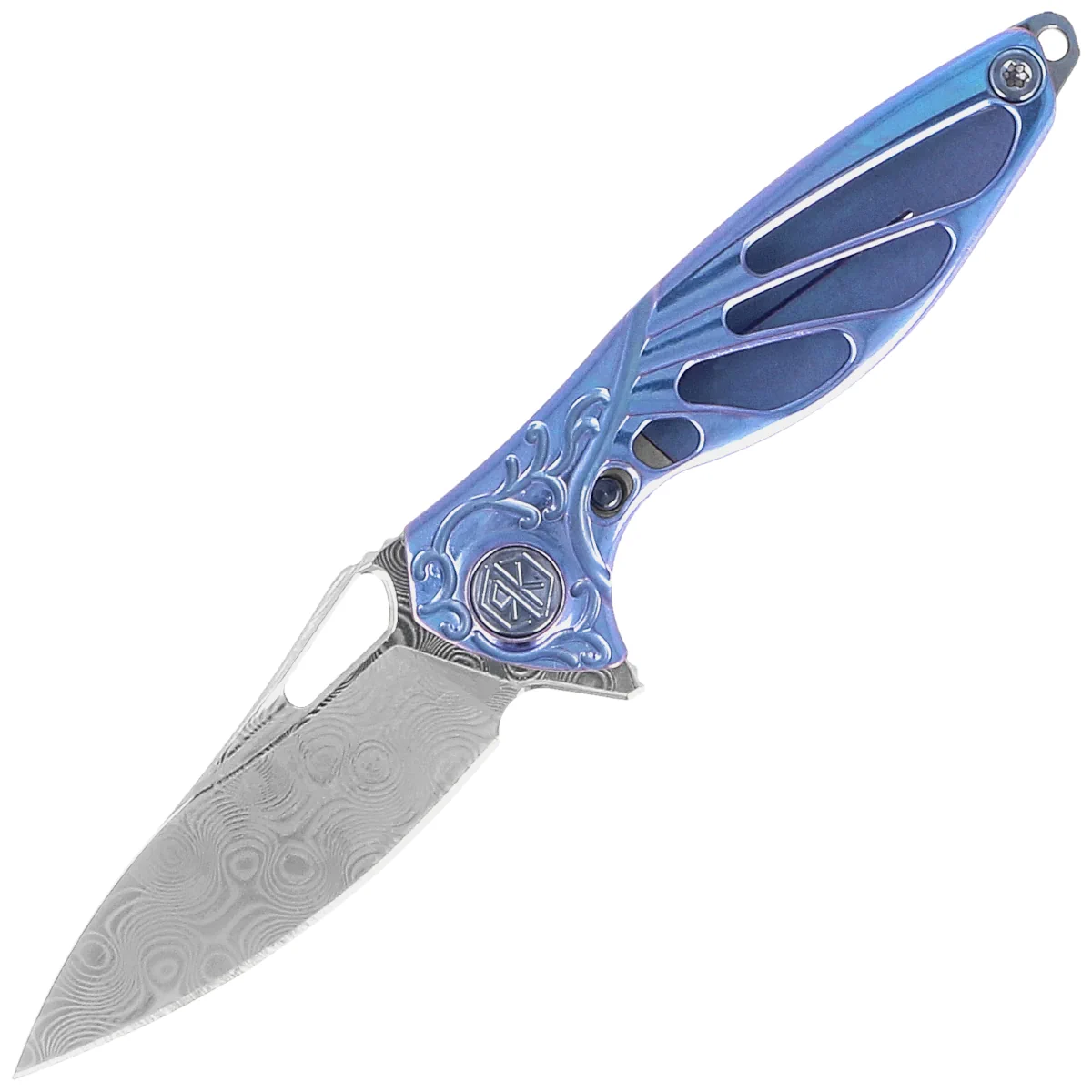 Nóż na szyję RikeKnife Mini Hummingbird Blue Titanium, Rose Damascus by Richard Wu (RK-MINI-B)