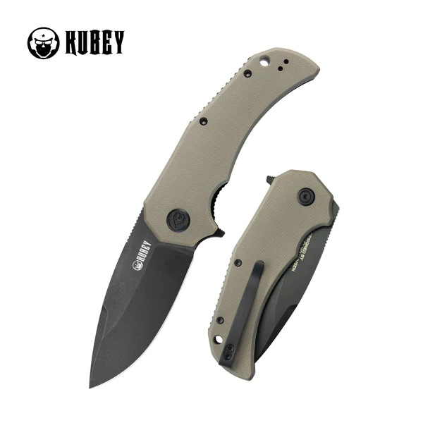 Nóż składany Kubey Bravo One Drop Point Tan G10, Black Stonewashed AUS-10 by Mikkel Willumsen (KU319D)